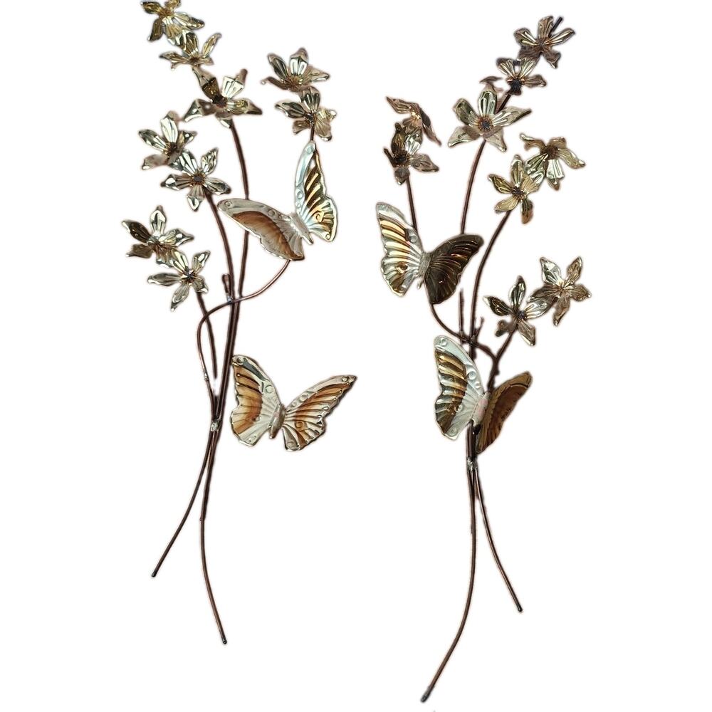 VTG Mid Century Brass / Copper Flower & Butterfly Hanging Wall Art Glam Eclectic